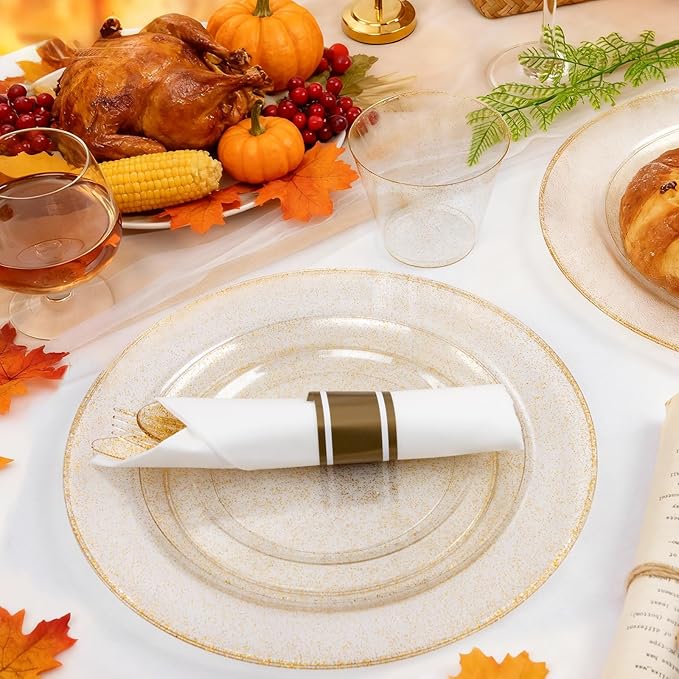 WELLIFE 210Pcs Gold Glitter Dinnerware Set, Gold Glitter Disposable Dinnerware for 30 Guests, Include: 30Dinner Plates, 30Dessert Plates, 90Gold Glitter Silverware, 30 Cups, 30 Paper Napkins