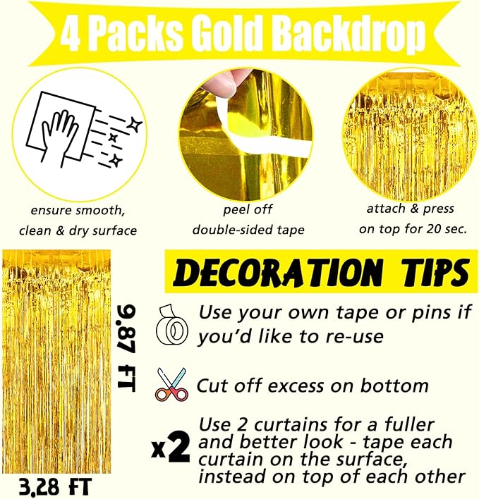 4 Pack Gold Fringe Curtain Backdrop, 3.2Ft x 9.8Ft Metallic Tinsel Foil Fringe Streamers Background for Photo Booth Birthday Wedding Baby Shower Carnival Easter Mother’s Day Party Decorations