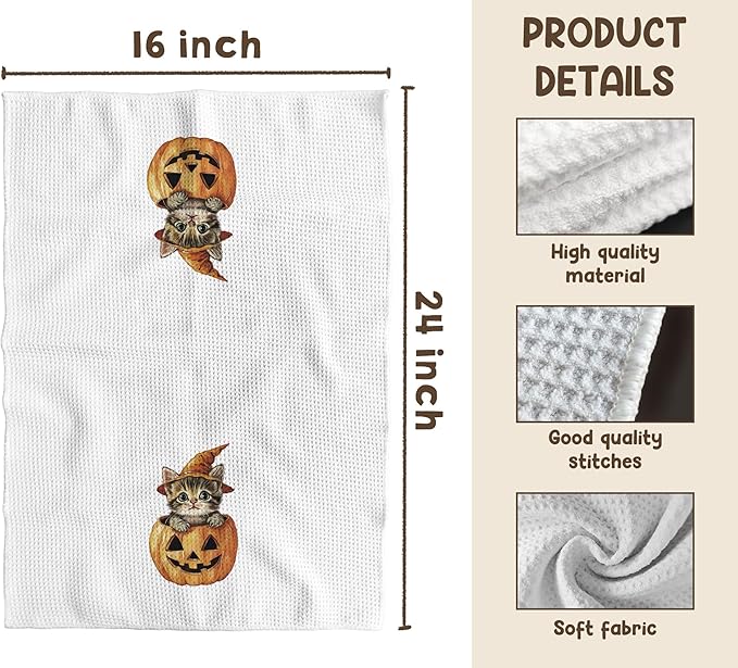 TNUW Halloween Cat Pumpkin Kitchen Towels 16x24 Inch, Cat Mom Lady Lovers Gifts Dish Tea Towels for Kitchen, Halloween Cute Witchy Kitten Spooky Pumpkin Decorative Hand Towel for Bathroom Decor