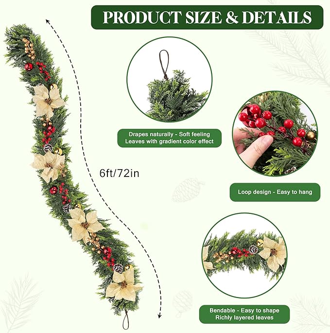 6FT Christmas Cedar Garland for Mantle, 1PCS Realistic Christmas Pine Garland with Flowers Berries Pinecones Balls, Artificial Real Touch Soft Cedar Garlands for Winter Indoor Outdoor Xmas Decoration