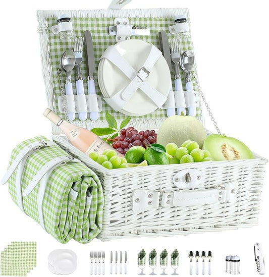 Picnic Basket Set for 4 with Waterproof Blanket Mat Insulation Bag Wicker White Green Plaid Fresh Cottagecore Gift for Wedding Birthday Summer Camp Outdoor Camping Christmas Thanksgiving
