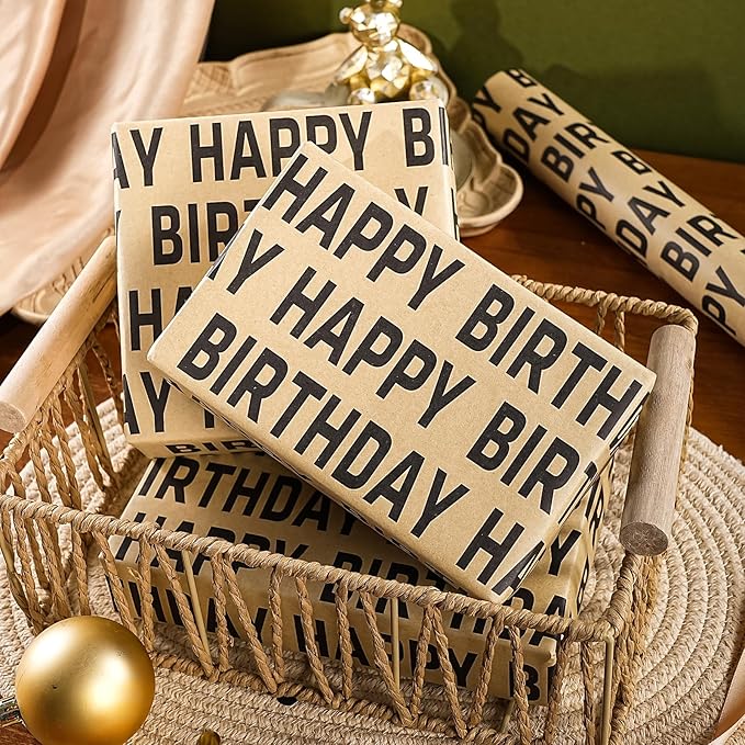 WRAPAHOLIC Kraft Birthday Wrapping Paper Roll - Mini Roll - 17 Inch x 33 Feet - Black Happy Birthday Wrapping Paper for Men Women Party Celebration