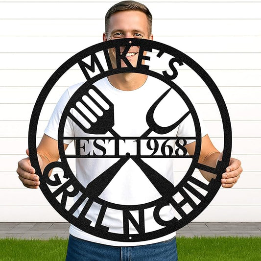 Custom BBQ Grill Metal Sign Personalized Name Wall Art for Outdoor Barbecue Patio Kitchen Backyard Decor Gift for Dad Husband Men Papa Grandpa Father Grilling Enthusiasts Family Lover Funny Gifts 07
