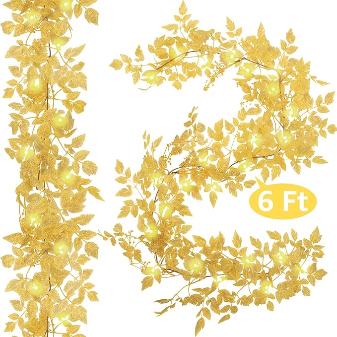 Neutral Fall Garland for Mantle Fireplace - 2 Pack 6Ft Plum Cimicifuga Seeded Leaf Garlands Yellow Autumn Décor Table Decorations for Home Indoor Door Halloween Realistic Leaves Garlands Outdoor
