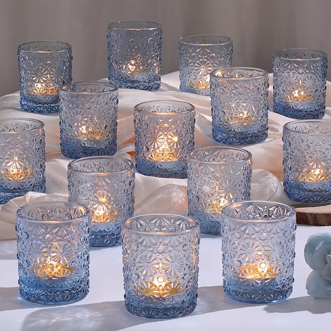 Blue Votive Candle Holder Set of 36, Flower Tea Lights Candles Holders for Wedding Table Centerpieces, Birthday Parties, Home Decor, Blue Bridal Shower and Holiday Decorations