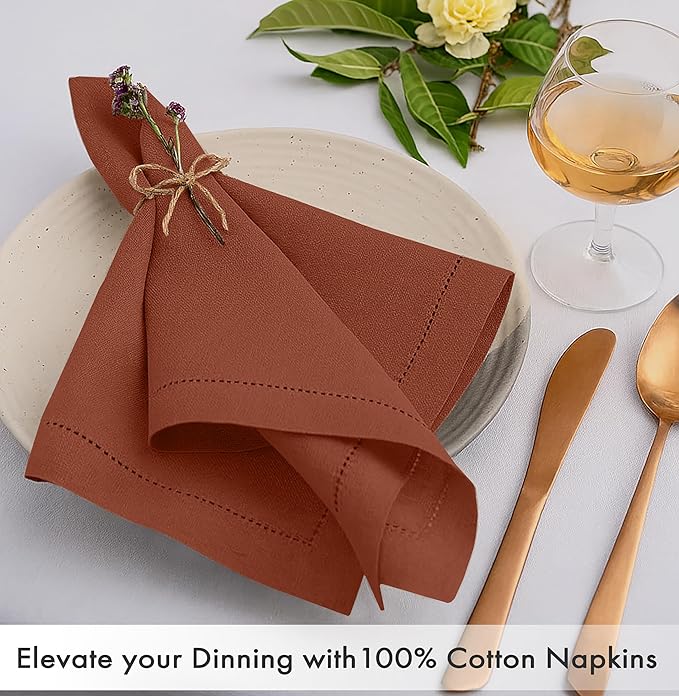 Ruvanti Cloth Napkins - 100% Cotton Dinner Napkins, Hem Stitched Corners, 18x18 Inch, 12 Pack - Soft, Absorbent, Durable, Reusable, Wrinkle Resistant for Formal Dining & Everyday Use - Rust