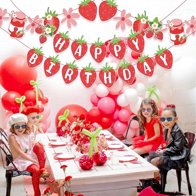SUNBEAUTY Strawberry Happy Birthday Banner, Berry Sweet Red Fruit Party Hanging Banner, Strawberry Birthday Decorations for Girls 1st Birthday Baby Shower Party Decoration | Pre-Strung