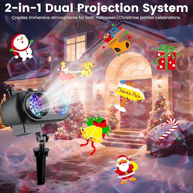 Christmas Halloween Projector Lights Outdoor，LED Projector Lights,2-in-1 Dual Projection System with 10 Slides，15W Brighter HD Ocean Wave Effect,Waterproof for Indoor/Outdoor Decor, Home Party.