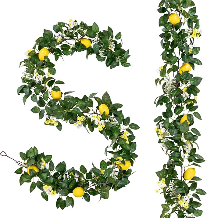 U'Artlines 2Pcs Total 12 Ft Artificial Lemon Garland Spring Summer Faux Fruit Vine Garlands with Greenery for Door Wall Mantle Wedding Party Table Decorations