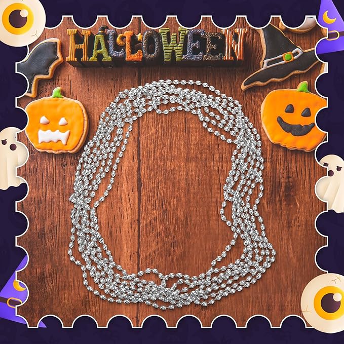 Riceshoot 200 Pcs Silver Bead Necklace Bulk Mardi Gras Oval Beads Necklace Party Favors 33" 7mm Metallic Color Beaded Costume Necklaces for Halloween Christmas Festive Event Accessories
