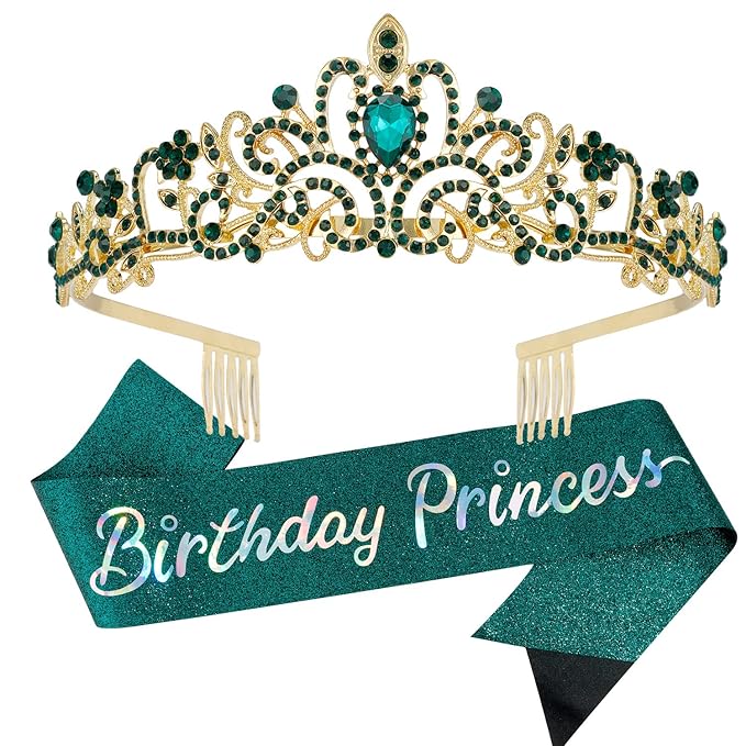 Velscrun Princess Crown - Green Tiara & Sash Set for Princess Birthday Party Decorations