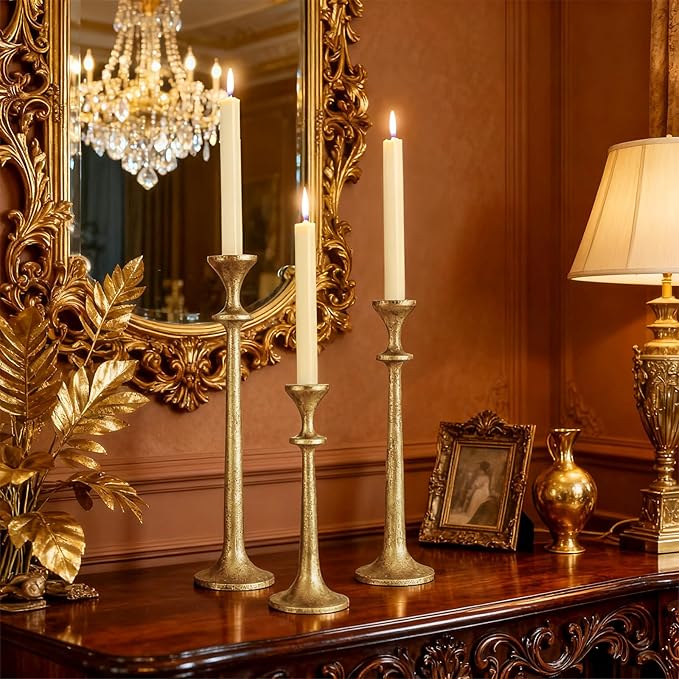 Gold Taper Candle Holders Set of 3 Heavy Cast Iron Antique Brass Candlestick Holder for Table Centerpiece Vintage Decorative Candelabra for Home Decor Fireplace Wedding Holiday Christmas Halloween