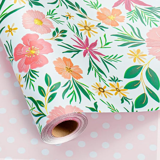 MAYPLUSS Flower Wrapping Paper Roll, Gold Design Floral Gift Wrap For Mothers Day, Wedding, Bridal Shower, Birthday, 17 Inch x 33 Feet