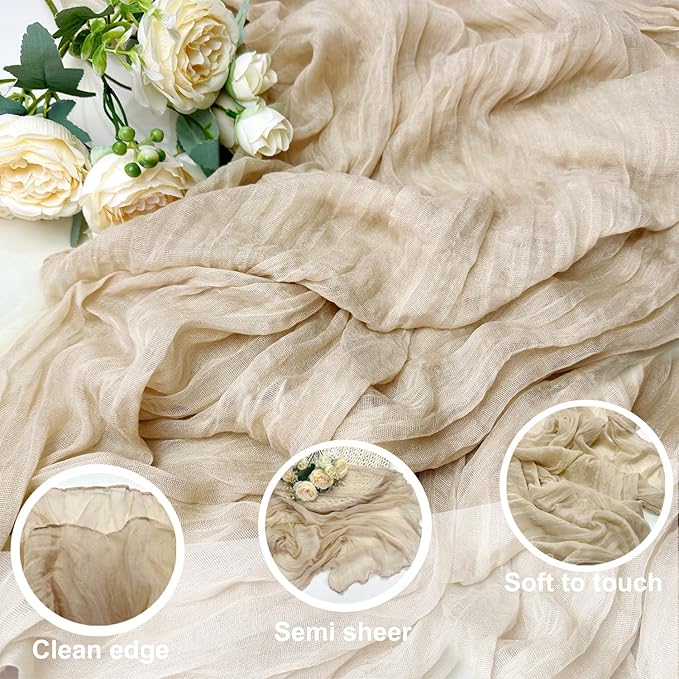 Booque Valley 6 Pack Beige Cheesecloth Table Runner 10ft Super Soft Boho Wrinkled Gauze Sheer Cloth for Baby Shower Baptism Birthday Party Wedding Centerpiece Table Decoration, 35x120 Inch