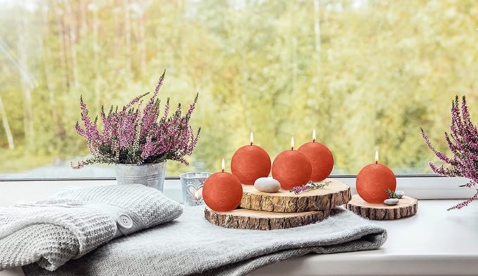 BOLSIUS 3 Pack Orange Rustic Ball Pillar Candles - 3 Inch - Premium European Quality - Includes Natural Plant-Based Wax - Unscented Dripless Smokeless 25 Hour Party Décor and Wedding Candles