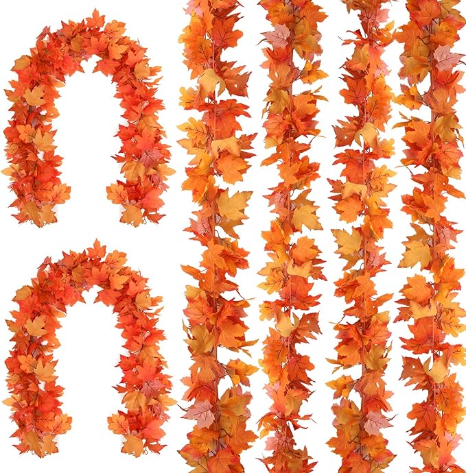 Joyhalo 6 Pack Fall Garland, Autumn Leaves Garland for Mantle Indoor Outdoor Fall Decor,Hanging Maple Leaf Foliage Vines for Fireplace, Front Door, Porch and Thanksgiving Decor