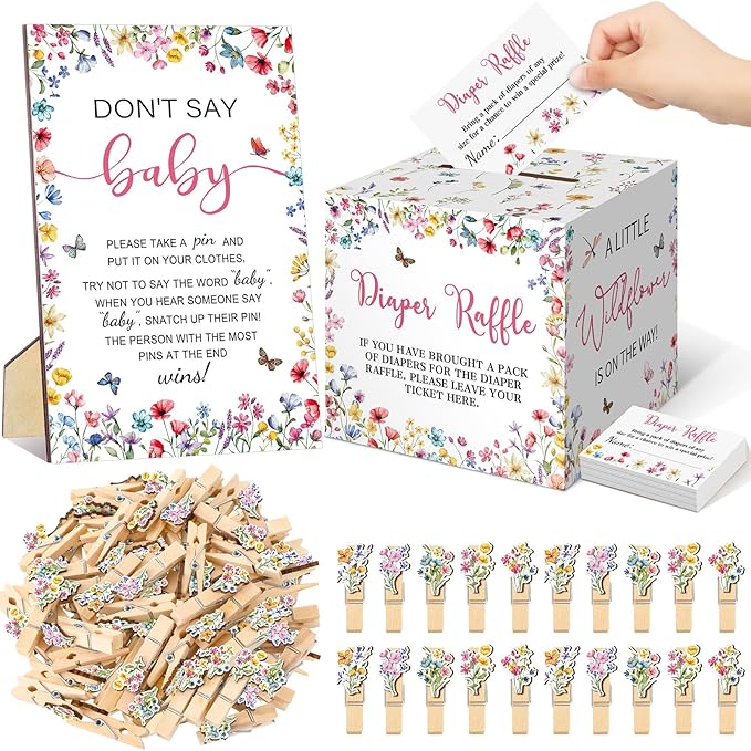 102 Pcs Baby Shower Game Supplies Diaper Raffle Tickets with Diaper Raffle Card Box Don't Say Baby Sign Mini Clothespin Baby Shower Game Decor for Baby Shower Gender Reveal(Wildflower)