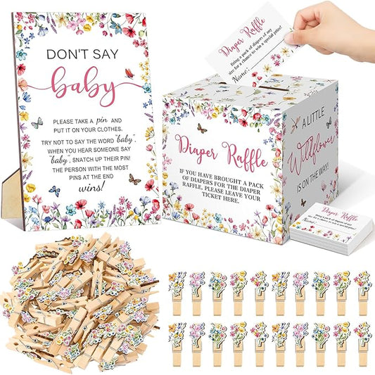 102 Pcs Baby Shower Game Supplies Diaper Raffle Tickets with Diaper Raffle Card Box Don't Say Baby Sign Mini Clothespin Baby Shower Game Decor for Baby Shower Gender Reveal(Wildflower)