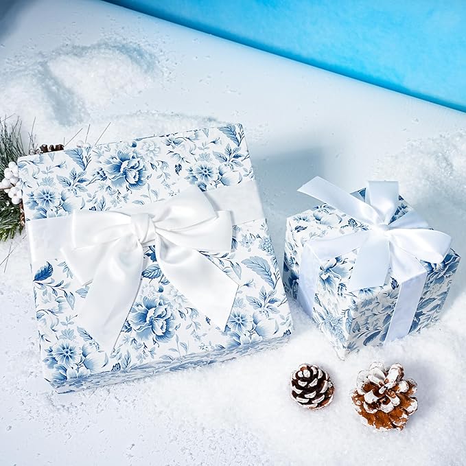 BIOBROWN Floral Wrapping Paper Jumbo Roll - 30 Inch X 33 Feet (82.5 sq. ft. ttl.) Blue White Peony Design Chinoiserie Gift Wrap Stone Paper for Wedding, Bridal Shower, Mother's Day