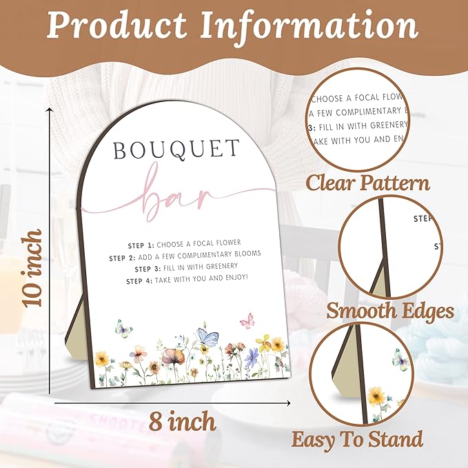 Bouquet Bar Wooden Sign, Flower Table Signs for Gender Reveal Party, Tabletop Welcome Sign for Baby Shower, Floral Station Board for Baby Party, DIY Bloom Bouquet Table Decor Sign with Stand 8x10In