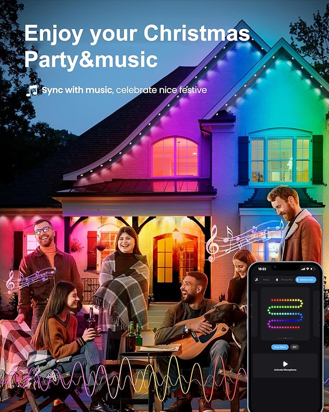 RGBCW Permanent Outdoor Lights,108 Scene Modes Smart Outdoor Christmas Lights with Voice Remote APP Control, IP68 LED Eaves Lighting for Halloween Party, Daily Garden Decor (120LED 200FT)