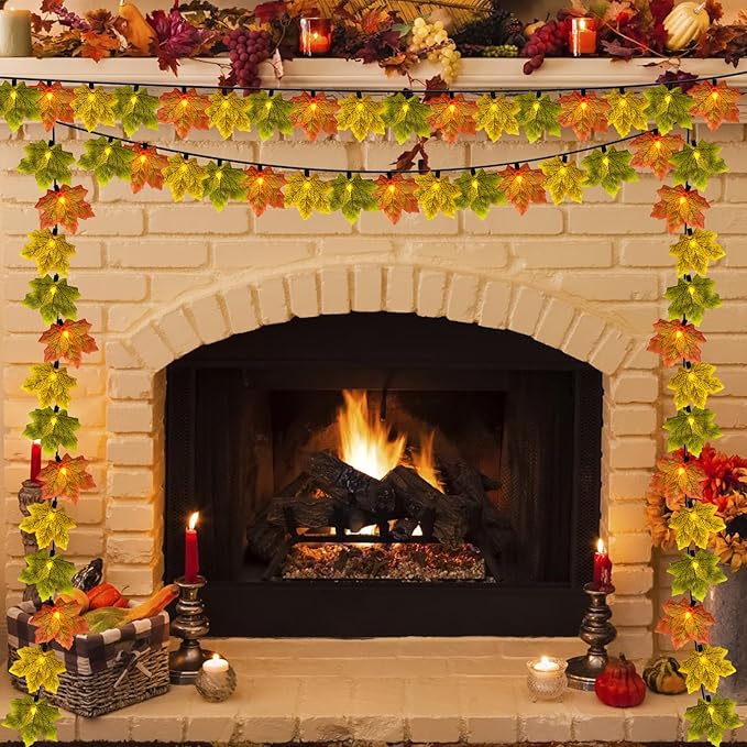 Fall Garland with Lights,13.5ft 35 LED Fall Decor String Lights with Orange Green Yellow Leaf Lights,Thanksgiving Decorations Garland for Home Porch Front Door Table Mantel Halloween Decor