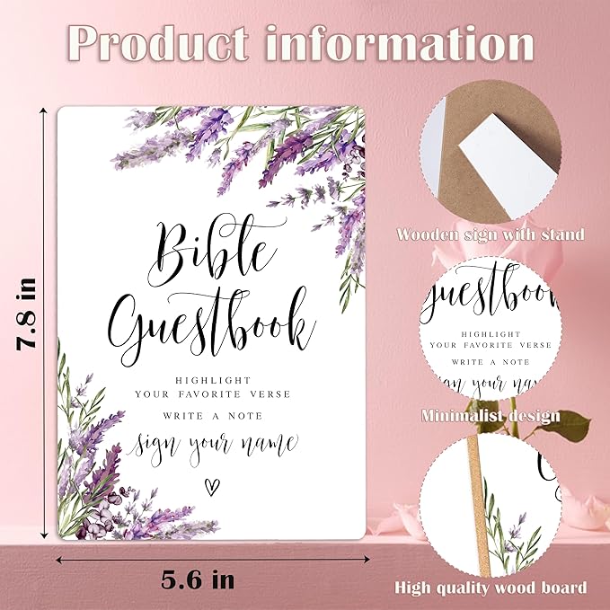 Bible Guest Book Sign, Lavender Bridal Shower Decorations, Guest Book for Party, Wedding Reception Table Decorations, Floral Wooden Sign with Stand for Wedding Reception And Bridal Party Decor, 41