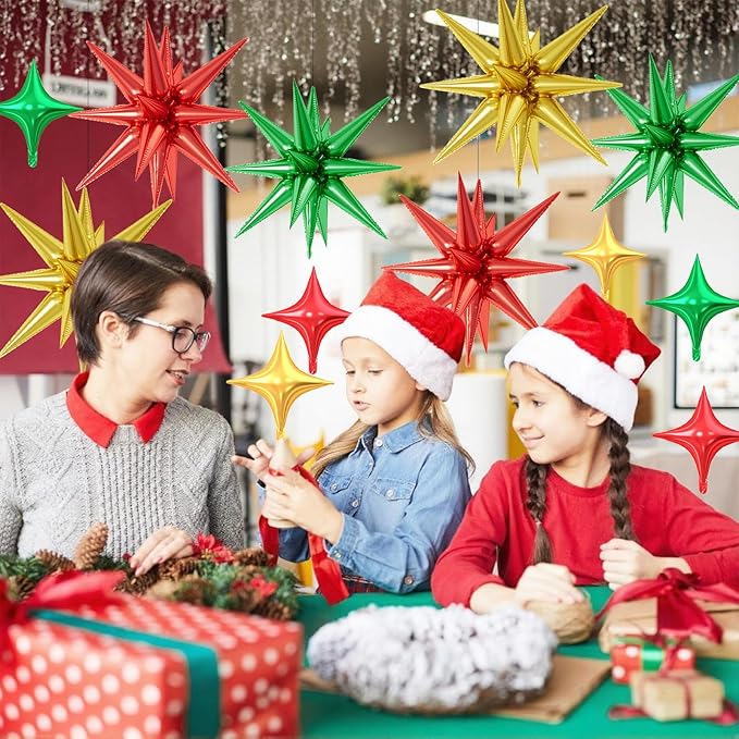 18 Pcs Red Green Gold Star Balloons, Christmas Stars Foil Balloon with 6 Pcs 22-Inch Explosion Star Balloons 12Pcs 10-Inch Four Pointed Stars Balloon for Christmas Birthday New Year Party Decor