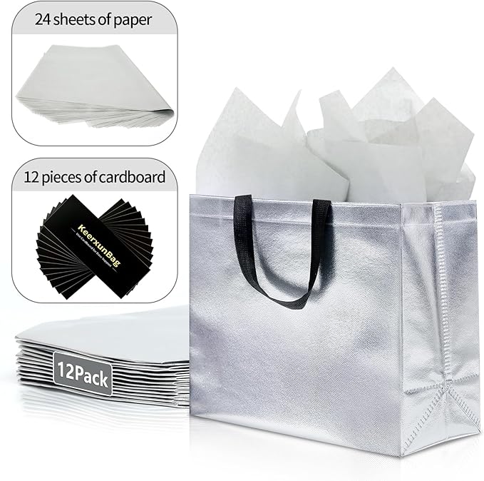 KeerxunBag 12Pcs Reusable Gift Bags（Includes Tissue Paper） Gift bag with handle Birthdays Parties Holidays Weddings Medium 13x5x11in Silver Gift Bags