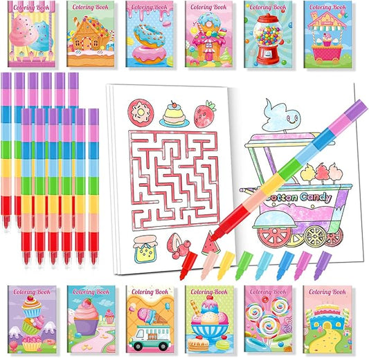 BenLouis 24 Sweet Mini Coloring Books Kids with 24 Stacking Crayons Candyland Donut Party Favors Activity Books Bulk for Kids Ice Cream Birthday Goodie Bag Gift Stuffer Classroom Reward