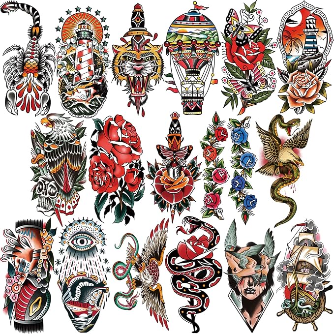 77 Sheets Temporary Tattoo for Women and Men, 17 Sheets Half Arm Chest Shoulder Fake Tattoos, 60 sheets Tiny for Adults Vintage Multi Colored Mixed Style Waterproof Realistic Tattoos Long-Lasting