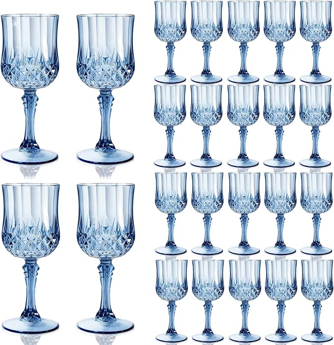 24 Pcs 7 Oz Plastic Goblets for Parties, Blue Plastic Wine Glasses Vintage Champagne Whiskey Crystal Water Goblets for Home, Office, Bars, Wedding, Ribbed (24, Ocean Blue)