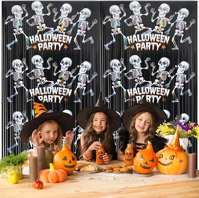 GOER Foil Curtain Backdrop for Halloween Party Decorations| Metallic Tinsel Halloween Theme Photo Booth Props (5 Pcs)