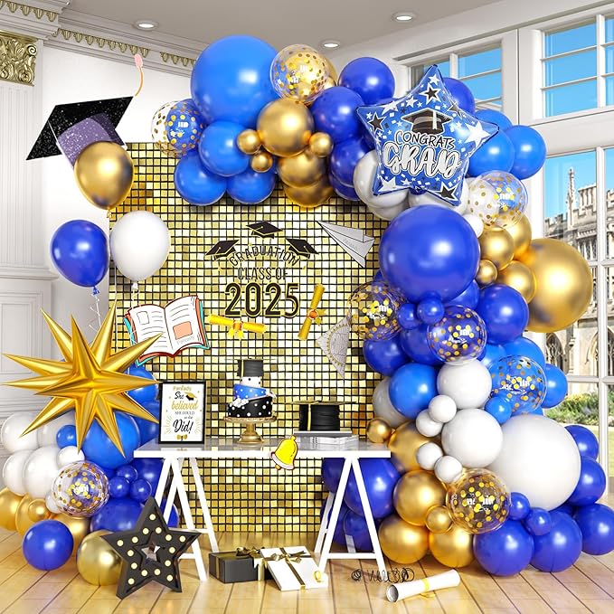 Blue Gold White Balloons Arch Kit with Explosion Star 4D Gold Foil Balloon Royal Blue White Golden Confetti Balloons Garland for Blue 2025 Graduation Decoration Birthday Baby Shower Party