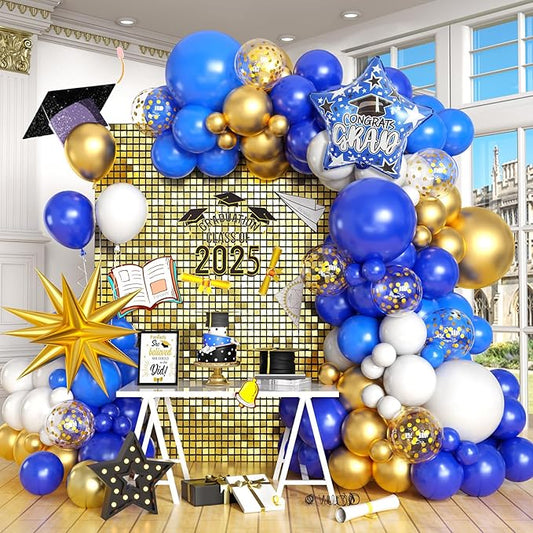 Blue Gold White Balloons Arch Kit with Explosion Star 4D Gold Foil Balloon Royal Blue White Golden Confetti Balloons Garland for Blue 2025 Graduation Decoration Birthday Baby Shower Party