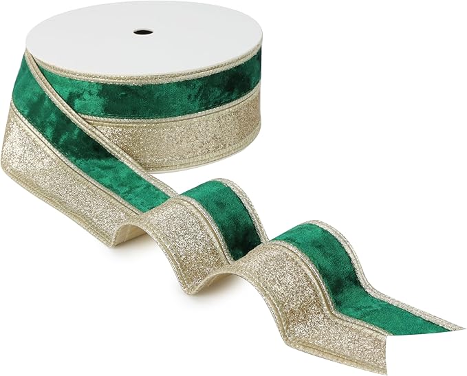 Dark Green Velvet Wired Christmas Ribbon 2.5 Inch Green and Gold Glitter Holiday Ribbon – 10-Yards Roll for Tree Decorations, Gift Wrapping, Wreaths, and DIY Crafts