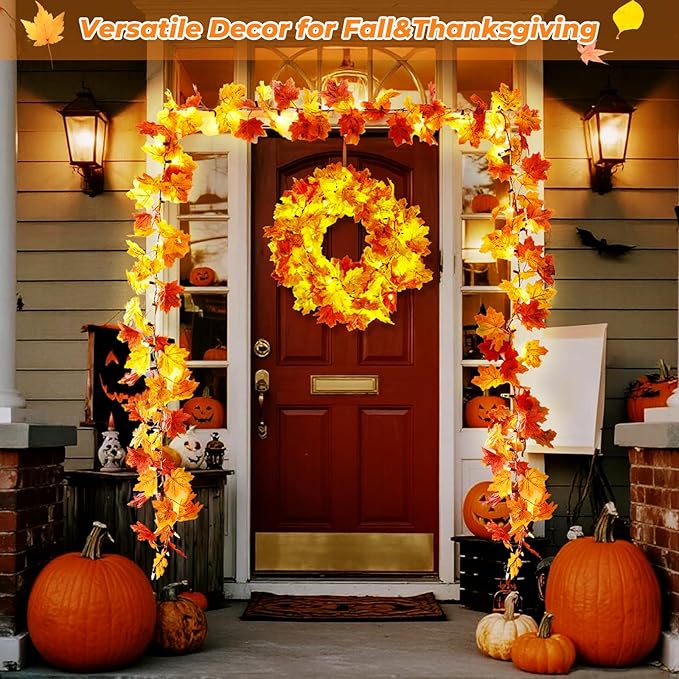 Fall Garland with Lights Battery Operated,10FT 50 Orange Bulbs Lighted Fall Leaves Garland,Fall Decorations for Home Thanksgiving,Mantel,Fireplace,Porch,Halloween,Table Decor Indoor Outdoor(1 Pack)