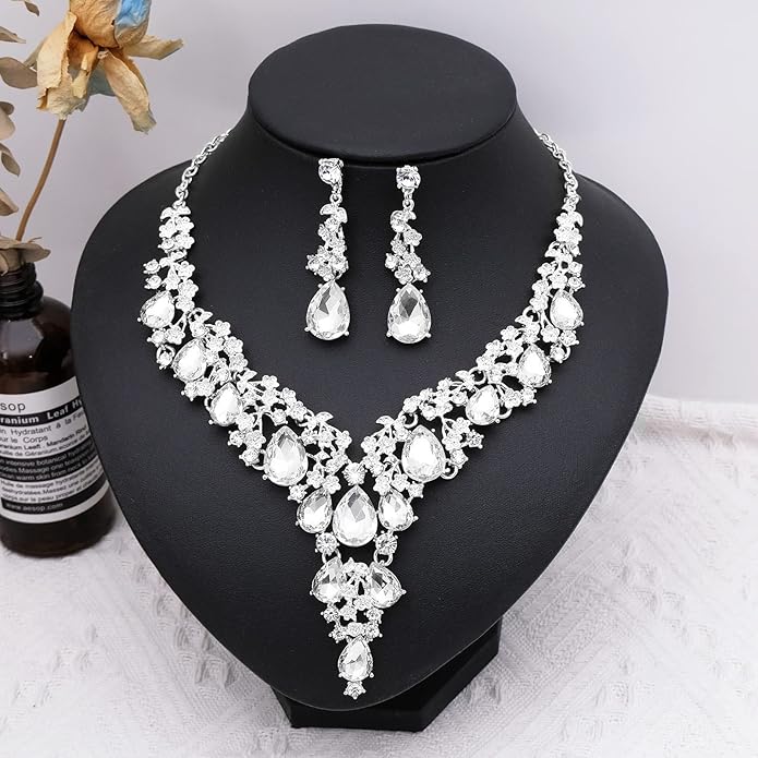 CSY Elegant Crystal Costume Jewelry Sets Flower Bridal Necklace Earrings Stretch Bangle Set for Bride Bridesmaid Wedding Dress Accessories
