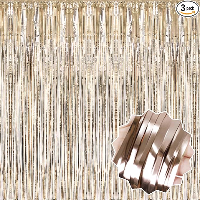 3 Pack Champagne Gold Foil Fringe Curtains Backdrop, 3.28 x 6.6 Ft Metallic Streamers Tinsel Curtains Background for Photo Booth, Birthday, Halloween, Christmas, New Year Party Decorations