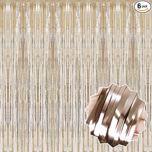 6 Pack Champagne Gold Foil Fringe Curtains Backdrop, 3.28 x 9.8 Ft Metallic Streamers Tinsel Curtains Background for Photo Booth, Birthday, Halloween, Christmas, New Year Party Decorations