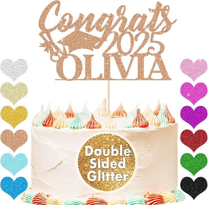 Personalized Cake Topper Custom Congrats Graduation Hat Student Class of 2025 Double Sided Glitter Card with Any Name (Rose Gold)