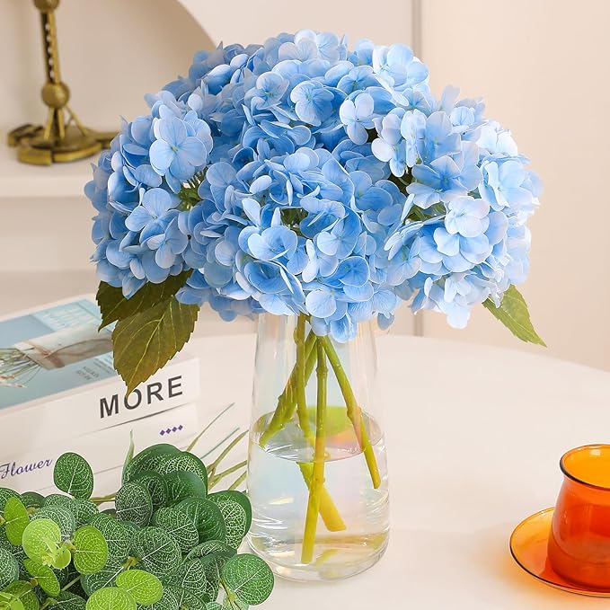Tifuly 4pcs Fake Hydrangea with Vase - Real Touch Faux Hydrangea Flowers and 3pcs Eucalyptus Stems for Wedding Centerpiece Home Party Table Decoration（Blue）
