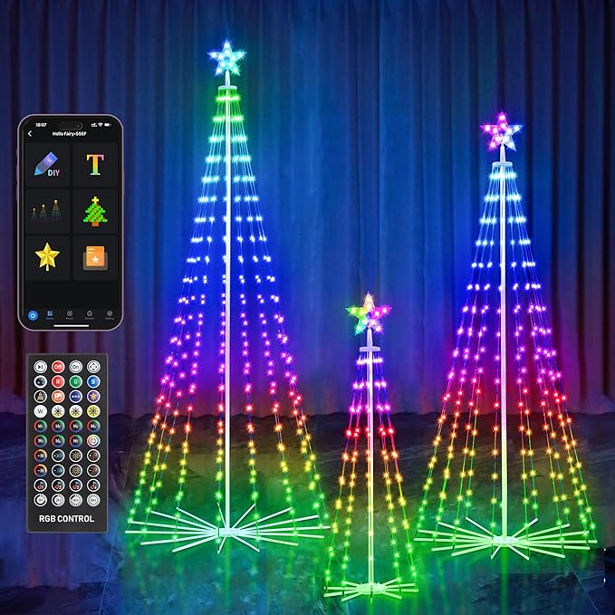 Outdoor Christmas Tree, 3-Pack RGB Color Changing Pre-Lit Smart Cone Christmas Tree with LED Lights, App & Remote Control, Multi-Color Lightshow, Christmas New Year Decoration(4FT&6FT&8FT)
