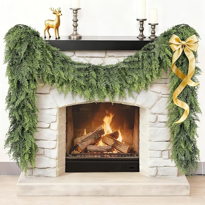 6FT Real Touch Cedar Garland - Artificial Christmas Garlands Faux Green Cedar Fake Pine Needles Garland for Fireplace Table Stair Mantle Window Indoor Outdoor Home Holiday Winter Christmas Decorations