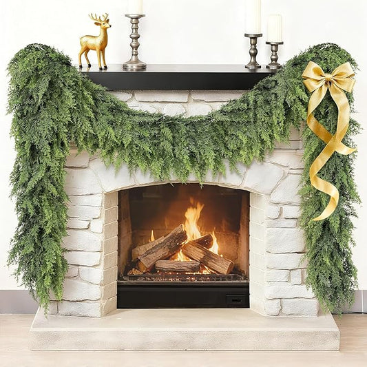 6FT Real Touch Cedar Garland - Artificial Christmas Garlands Faux Green Cedar Fake Pine Needles Garland for Fireplace Table Stair Mantle Window Indoor Outdoor Home Holiday Winter Christmas Decorations