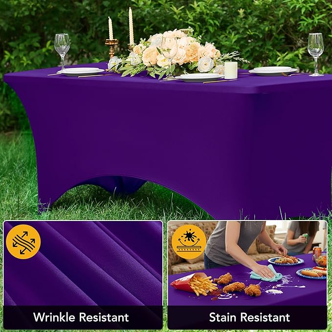 6-Pack Premium Purple Spandex Tablecloths for 8ft Rectangle Tables, Stain & Wrinkle-Resistant, Washable Stretch Polyester Fitted Table Cover for Weddings, Banquets, Trade Shows Events