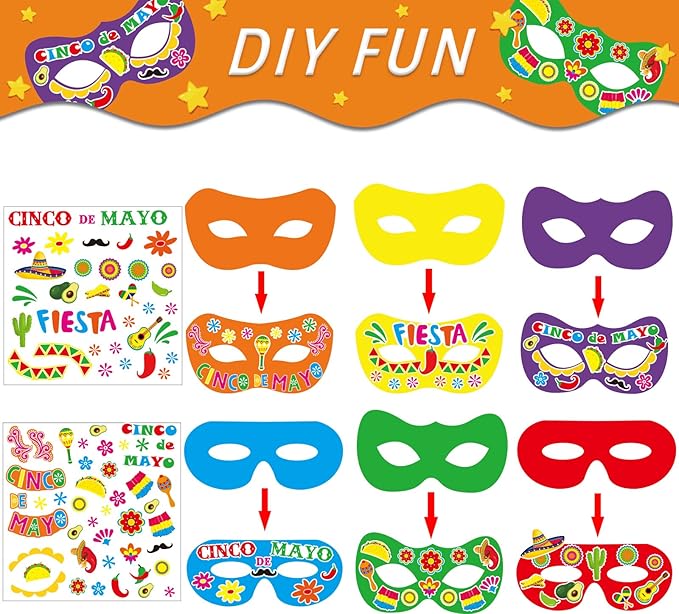 chiazllta 30 Pcs Fifth of May De Mayo Mask Craft Kits for Kids Mexican Themed DIY Eyeglasses Make Your Own Eyewears Fiesta Sombrero Party Favor Bulk Set for Preschool Classroom Activities