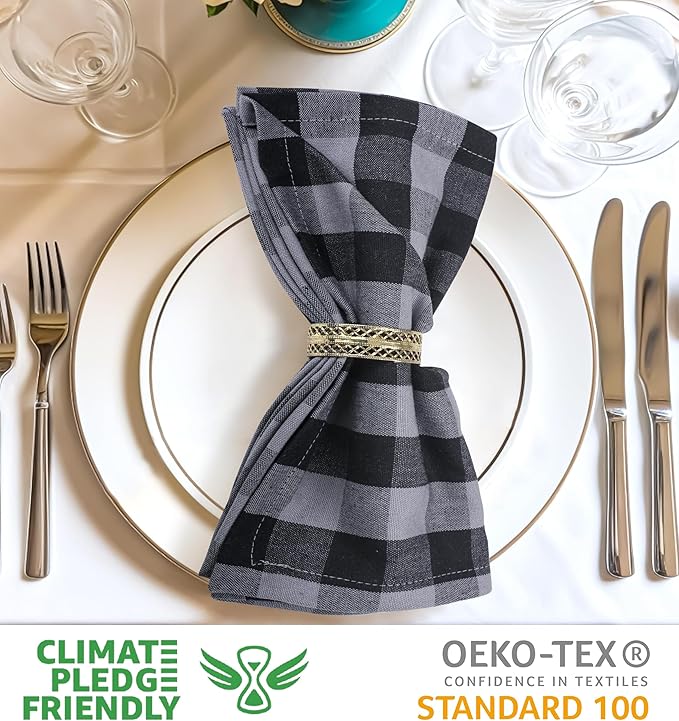 Urban Villa Cotton Dinner Napkins Set of 12, Highly Absorbent Soft Premium Cloth Napkins 20x20 Inches, Hotel Quality Reusable & Washable Table Dinner Napkins for Home - (Grey/Black, Buffalo Checkerd)