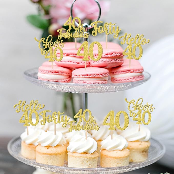 30PCS Happy 40th Birthday Cupcake Toppers Glitter Hello 40 Fabulous Forty Cheers to 40 Years Old Birthday Cupcake Picks for Happy 40th Birthday Anniversary Party Cake Decorations Supplies Gold