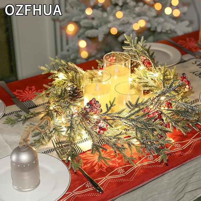 6 FT Christmas Garland with Lights - Pre-Lit Artificial Christmas Garland, Flocked Garland with Red Berries Pine Cones for Decoration, Mantle Stairs Railing Home Xmas Decoration Indoor